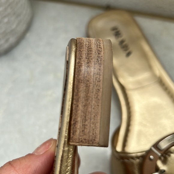 Prada gold flat slides with wood round buckle and silver Prada logo - Picture 5 of 9